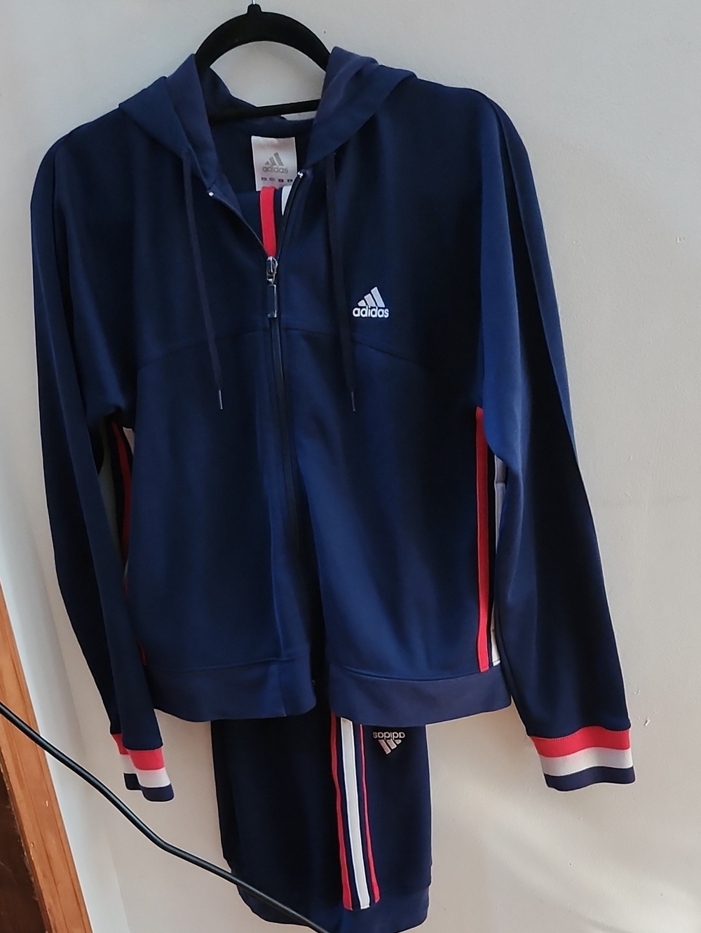 adidas Navy Hooded Zip Jacket & Track Pants with Red and White Trim